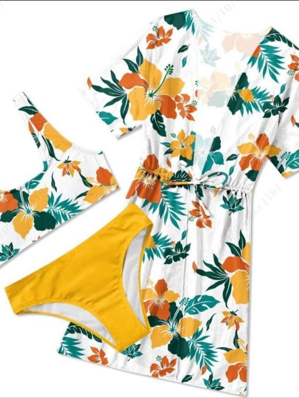 Floral Tropical Bikini Swim Cover Set White Yellow Teal Orange Hibiscus Girls 10